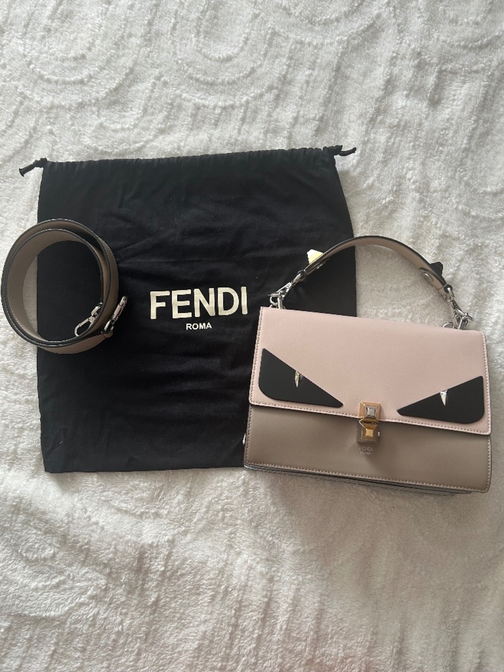 FENDI Beige/Pink Leather Monster Eyes Kan I Medium Shoulder Bag